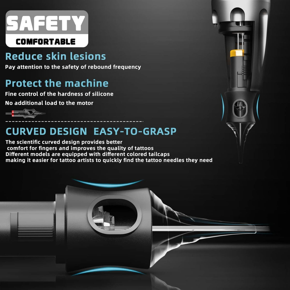 Tattoo cartridge needle with black shell and clear needle tube, curved for grip