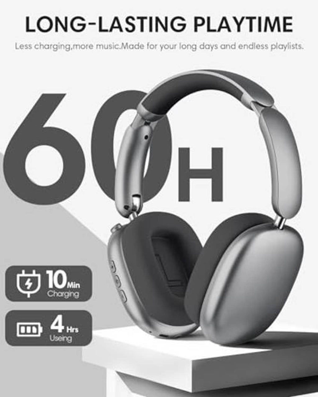 Over-ear wireless headphones with grey ear cups and dark cushions, resting on base