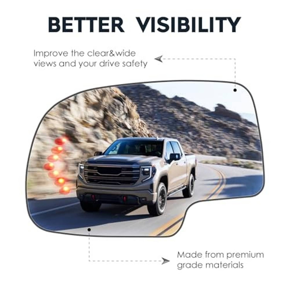 Heated left mirror glass insert with LED arrow turn signal, clear wide lens