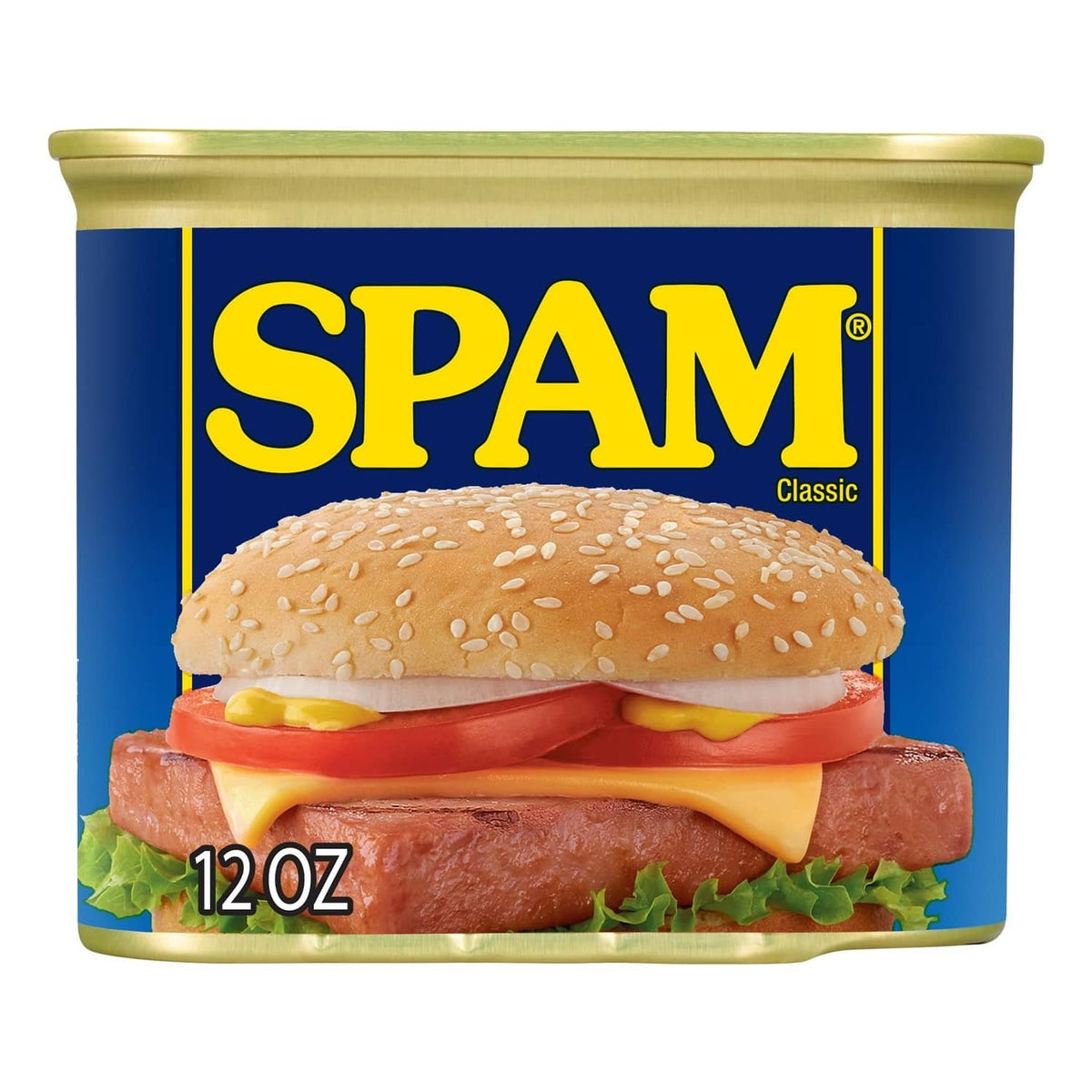SPAM Classic canned meat, blue label with burger image and 12 oz marking