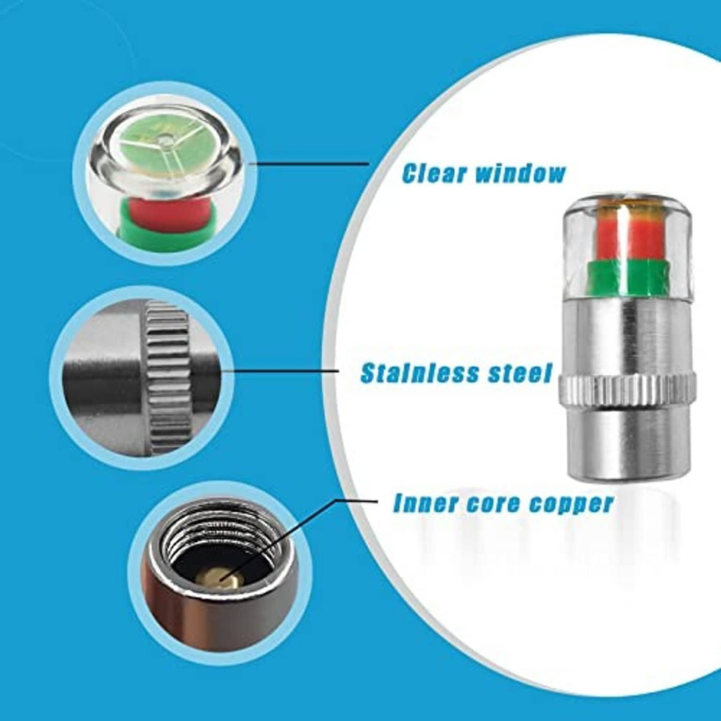 Silver tire valve stem cap with clear window, red/green band, and ridged metal base