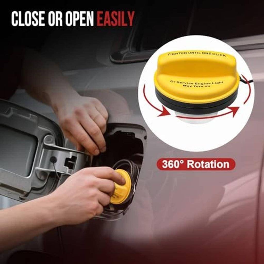 Yellow fuel tank gas cap being installed with tethered cord, 360 rotation shown