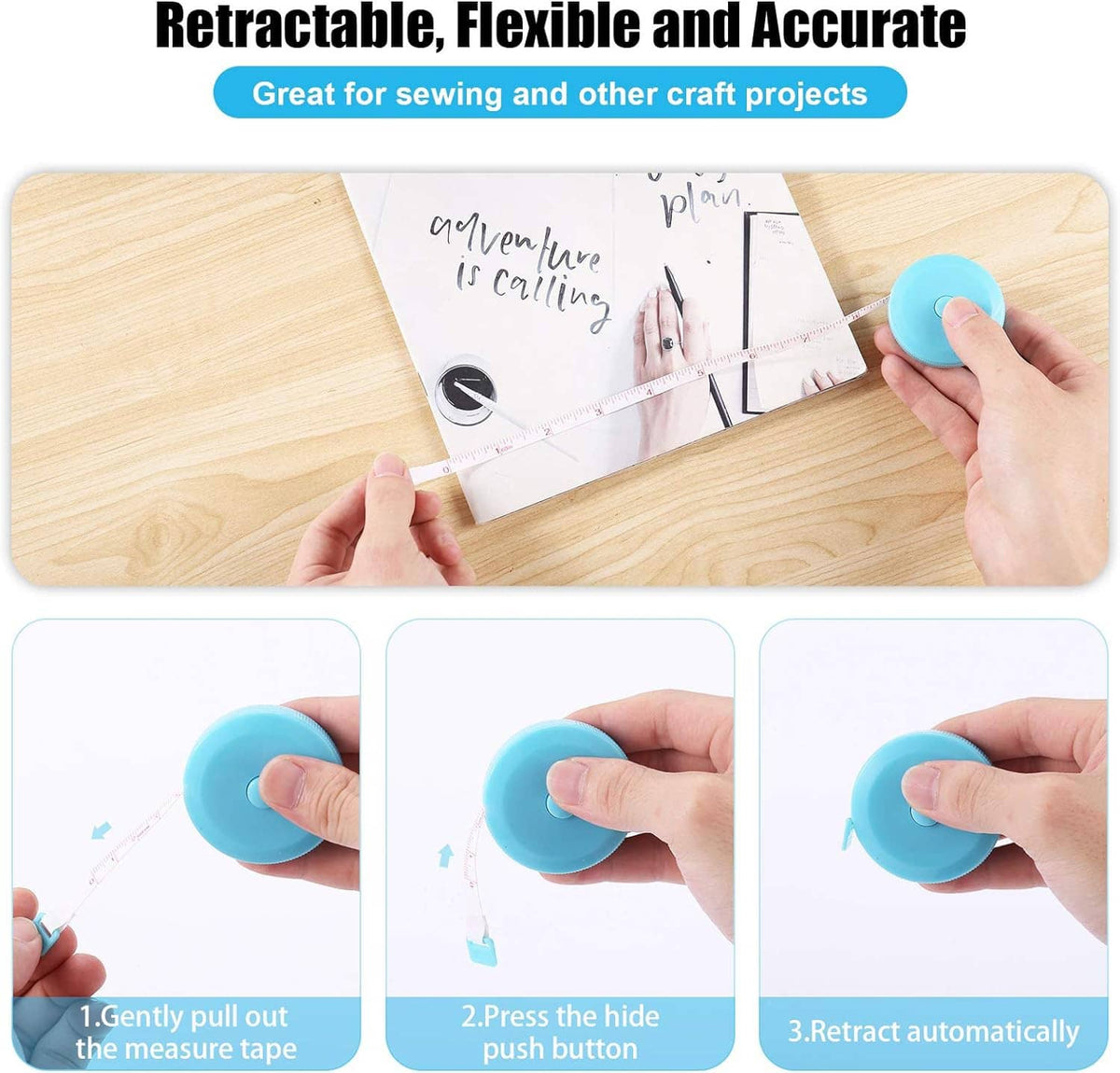 Retractable flexible measuring tape with light-blue reel and extended white tape