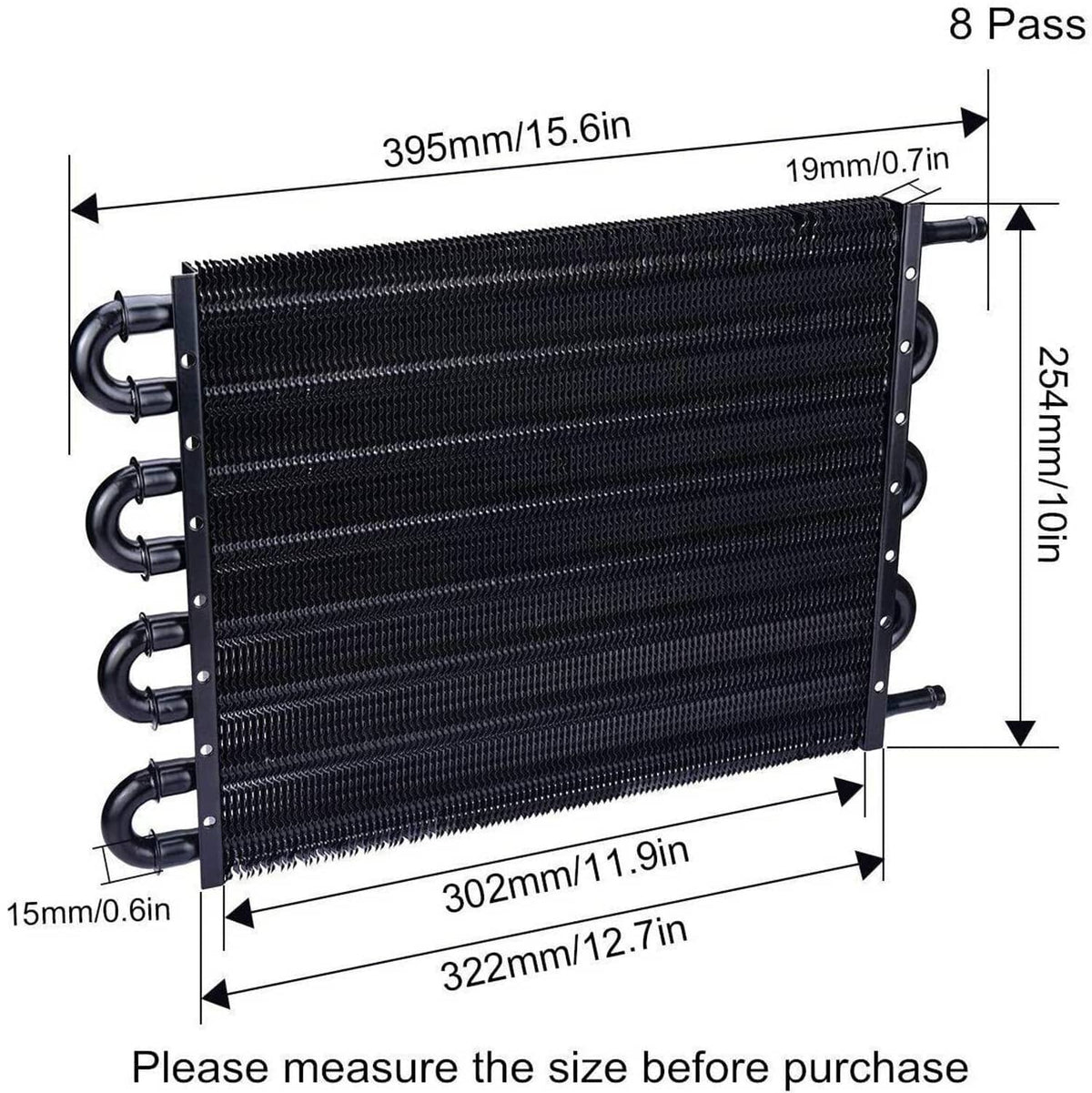 8-pass oil cooler radiator dimensions view with 8-row mesh core and ports