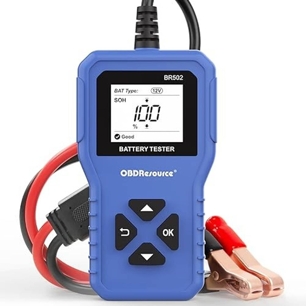 Blue handheld battery tester with LCD display reading 12V and red/black clips