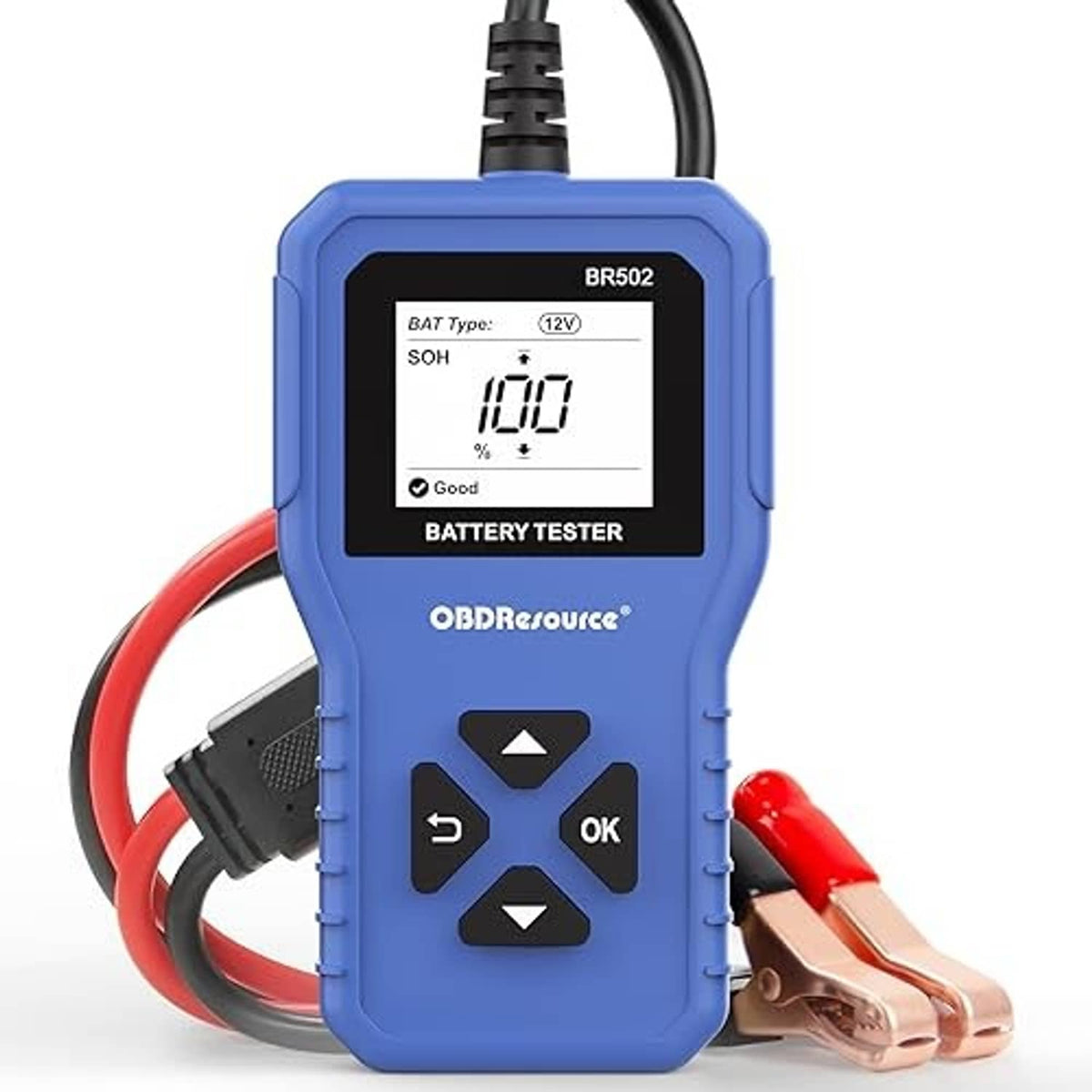 Blue handheld battery tester with LCD display reading 12V and red/black clips