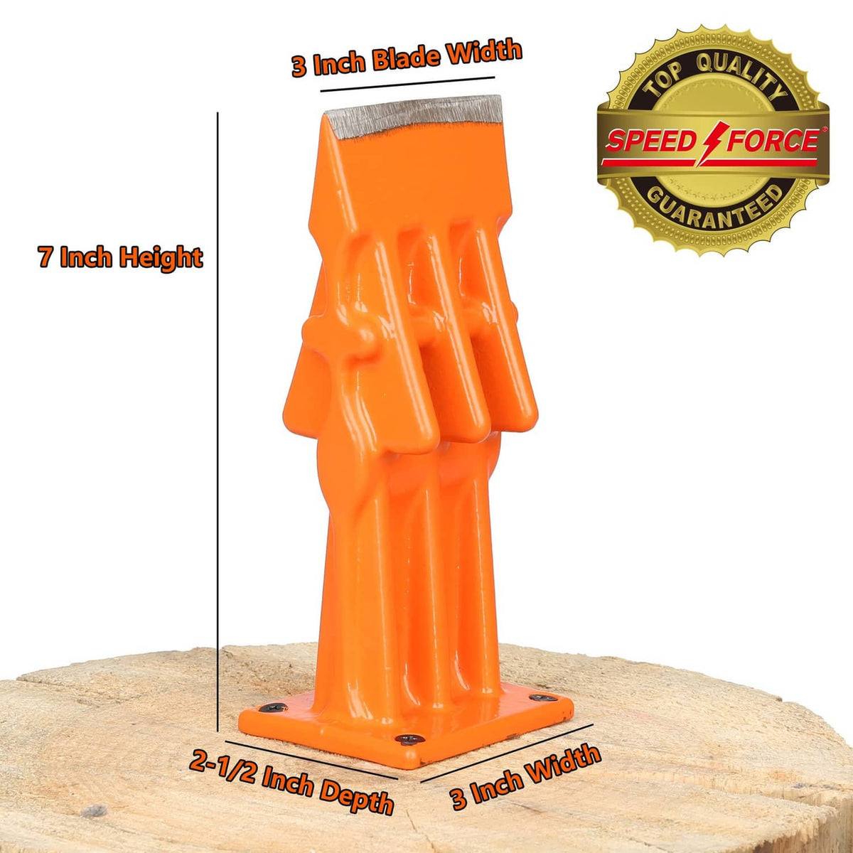 Orange firewood splitter wedge, 7 in height and 3 in blade width