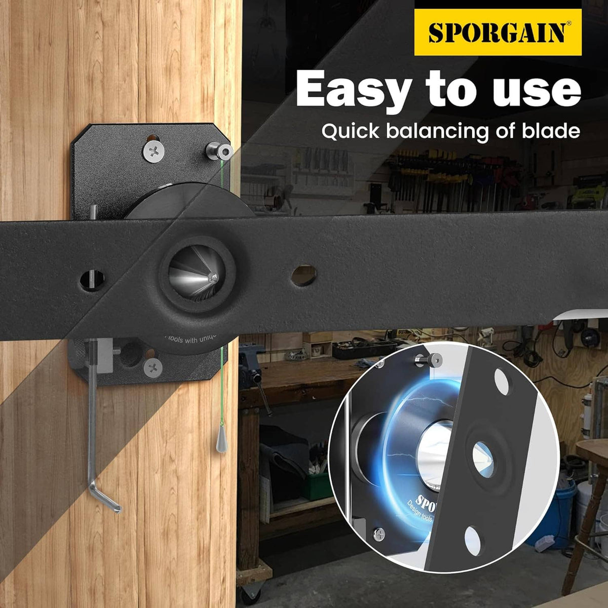 Lawn mower blade sharpener and balancer tool with circular adjustment wheel