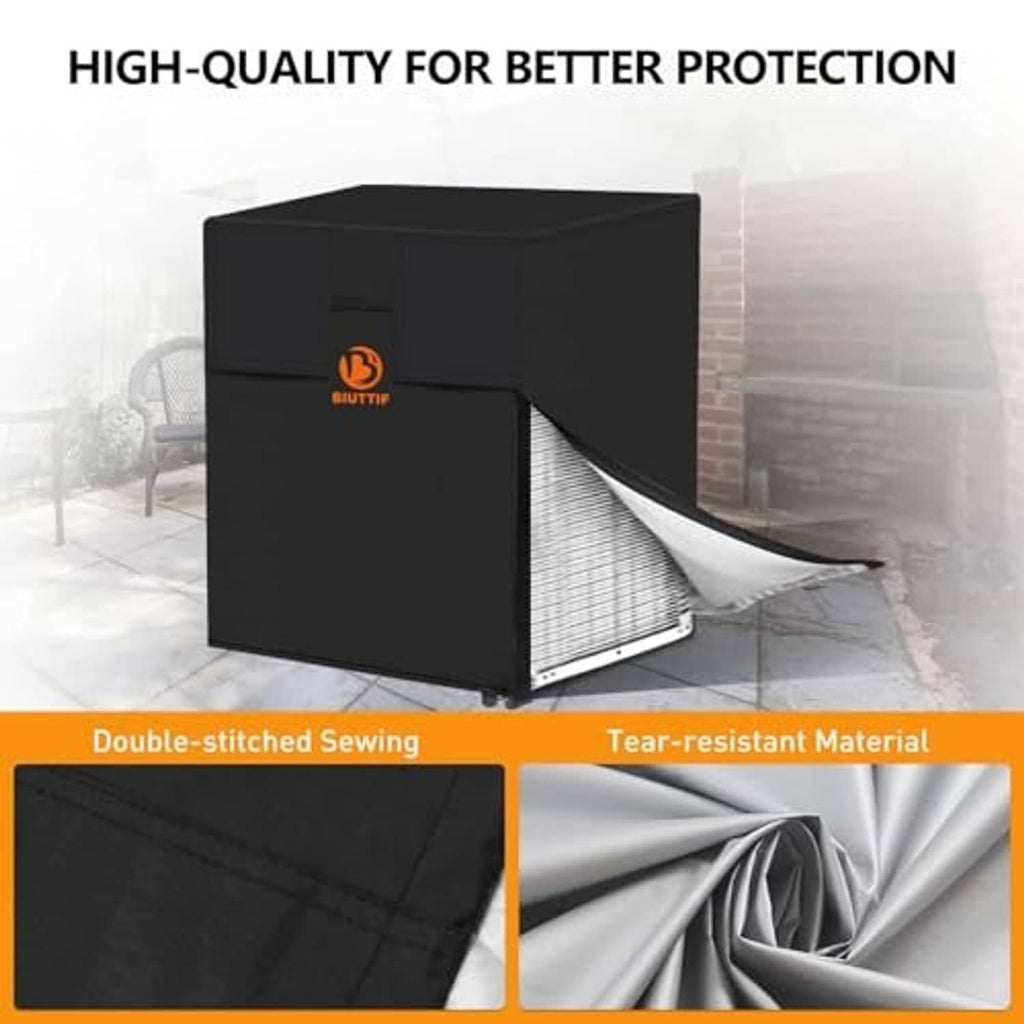 Outdoor air conditioner unit cover, black with front flap and visible seam stitching