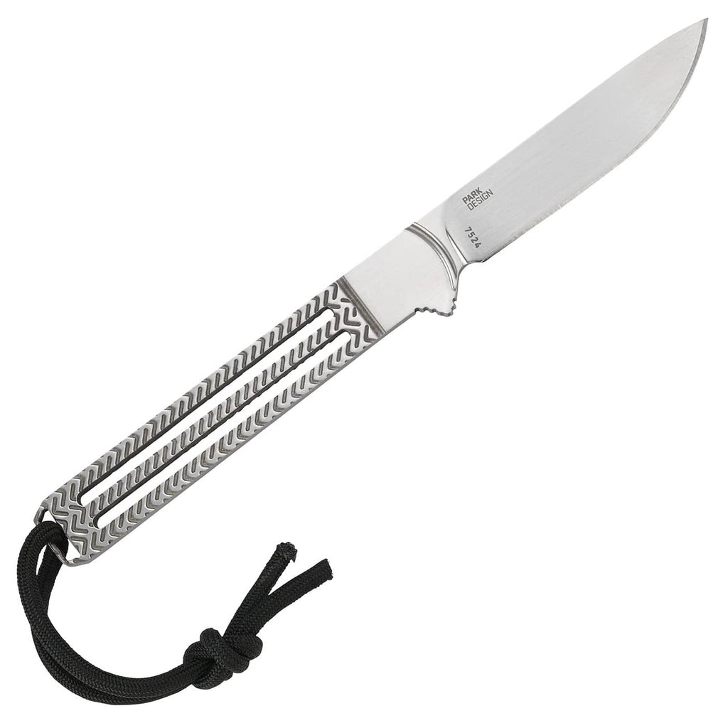 Fixed blade knife with silver drop-point blade and black-and-gray patterned handle