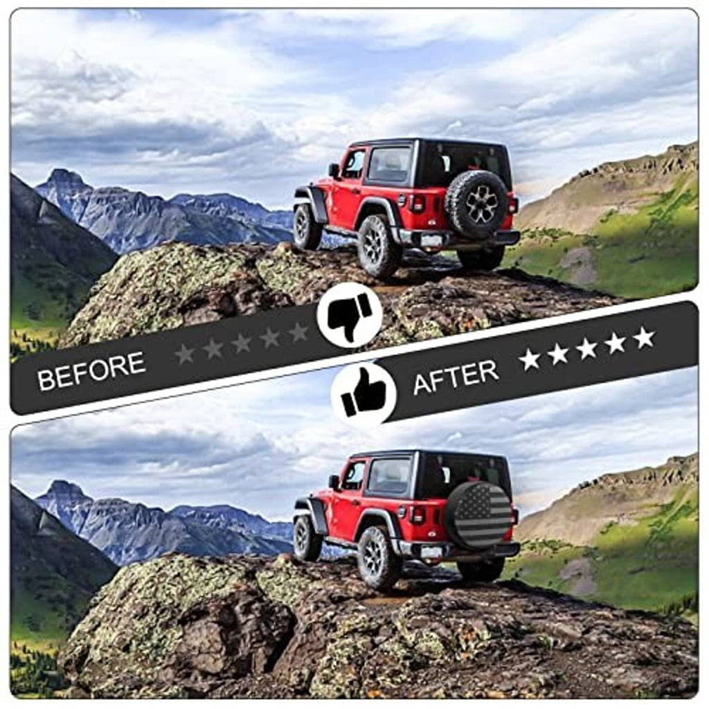 Spare tire cover before-and-after protection graphic for RV trailer spare tire
