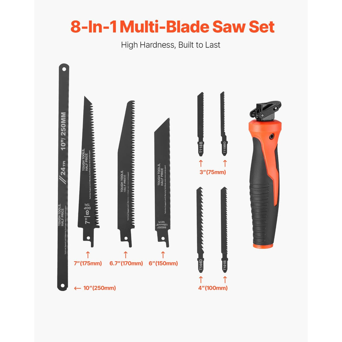 8-in-1 multi-blade keyhole saw set with orange handle and assorted serrated blades