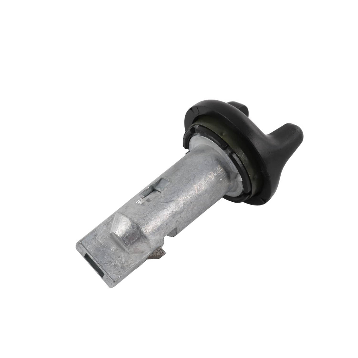 Ignition key switch lock cylinder with black housing and silver metal barrel