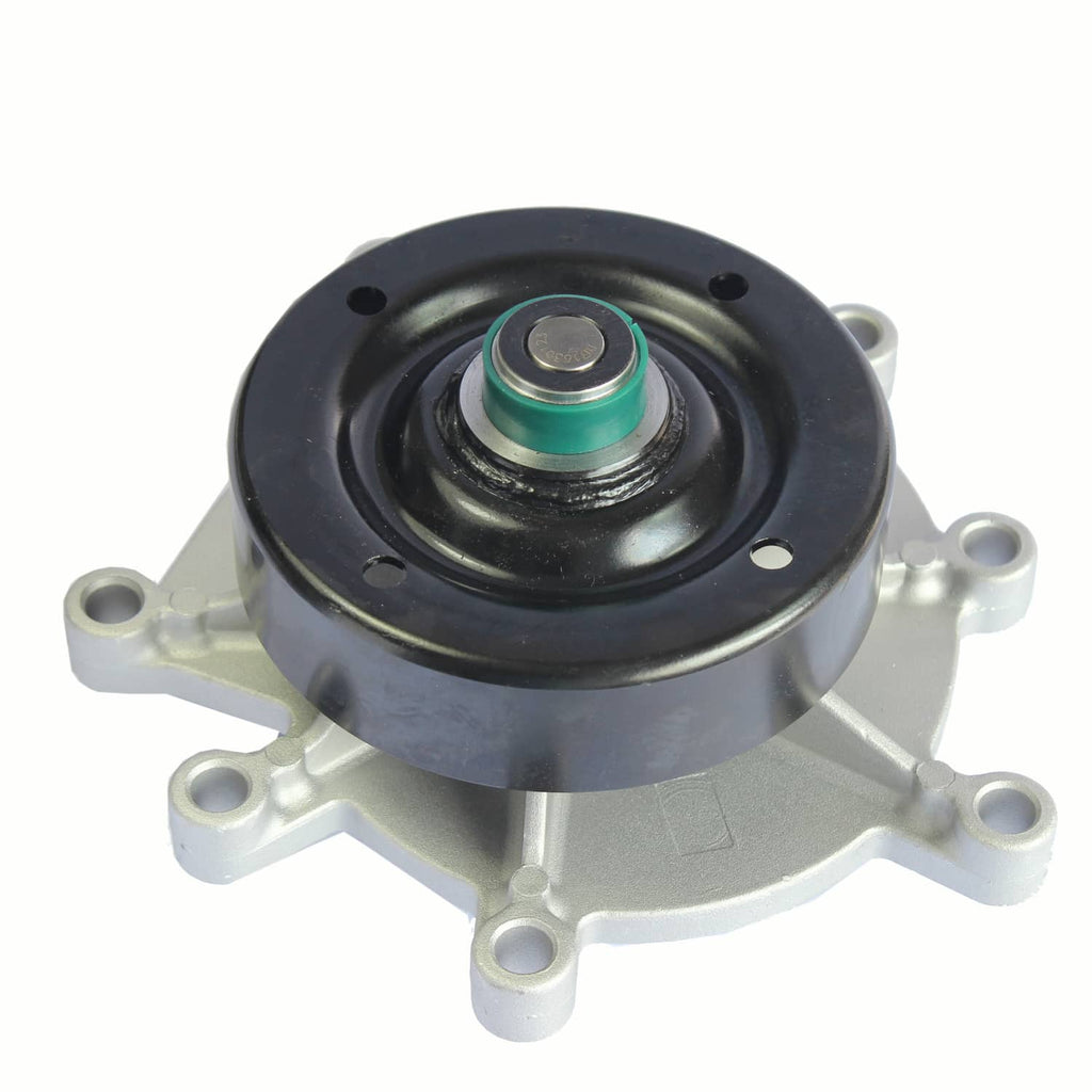 Engine water pump assembly with black circular pulley, green-sealed center, and silver base