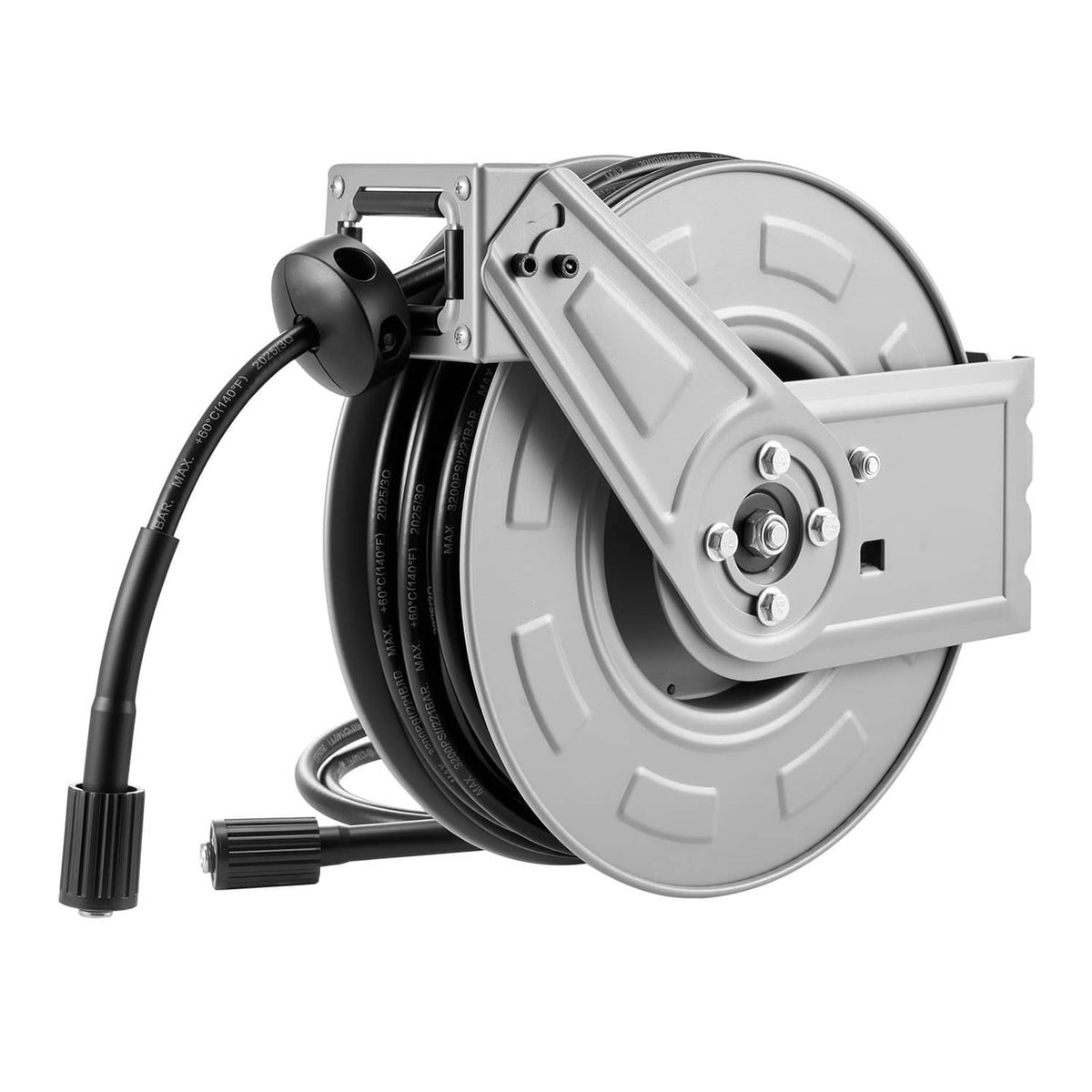 Retractable pressure washer hose reel with wall mount plate and coiled hose