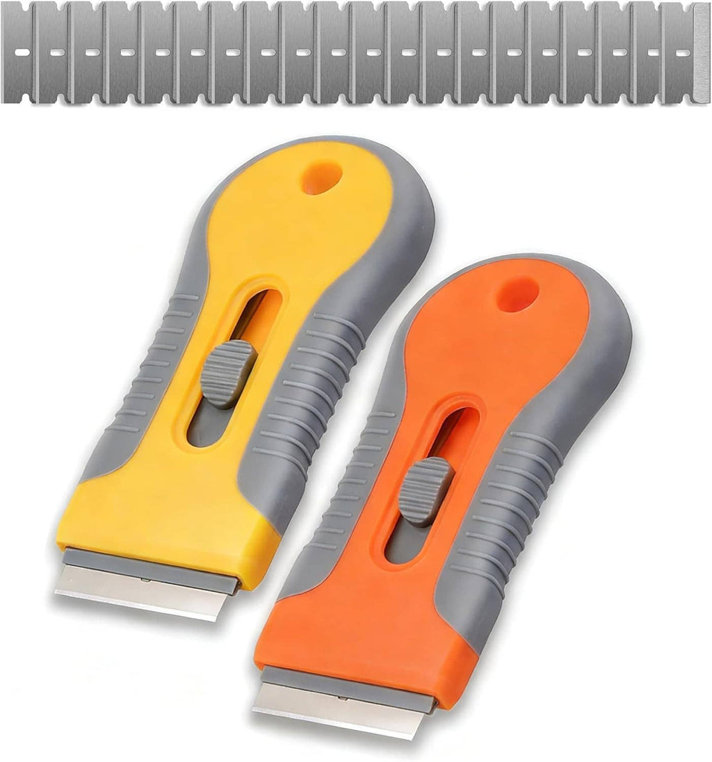 Retractable razor blade scraper with yellow and orange handles and metal blade