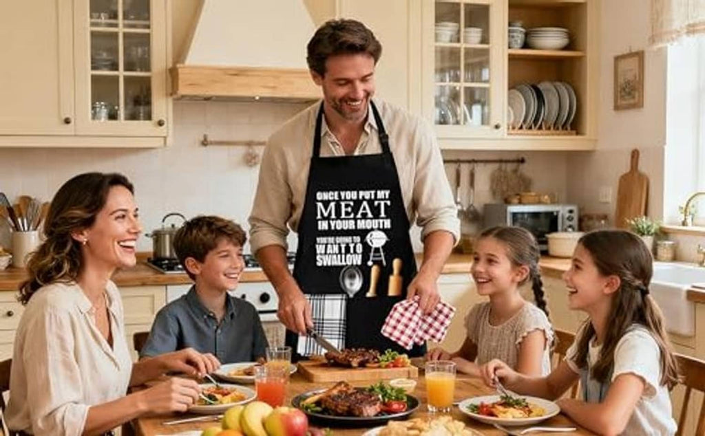 Black grilling apron with printed meat quote worn in kitchen setting