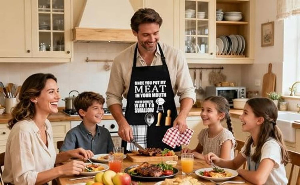 Black grilling apron with printed meat quote worn in kitchen setting