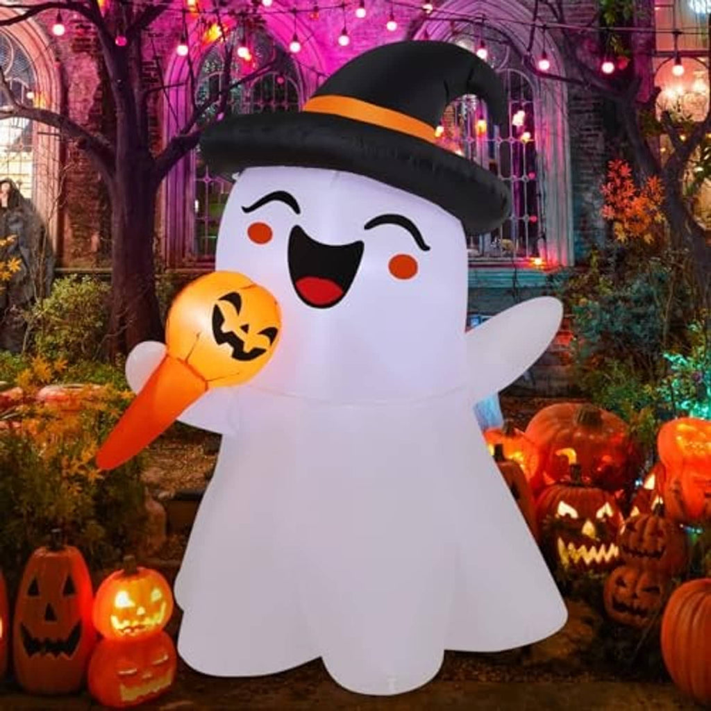 White inflatable ghost with black witch hat and orange jack-o-lantern, arms out front