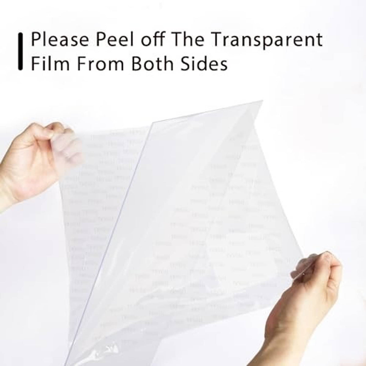 Clear protective film being peeled from a square 8x8 frame, hands holding corners