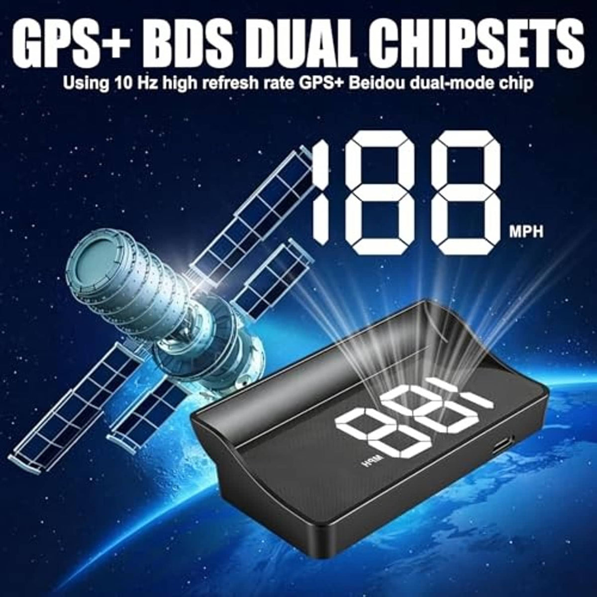 Black car head-up display unit with mph LED digits and satellite-themed graphics