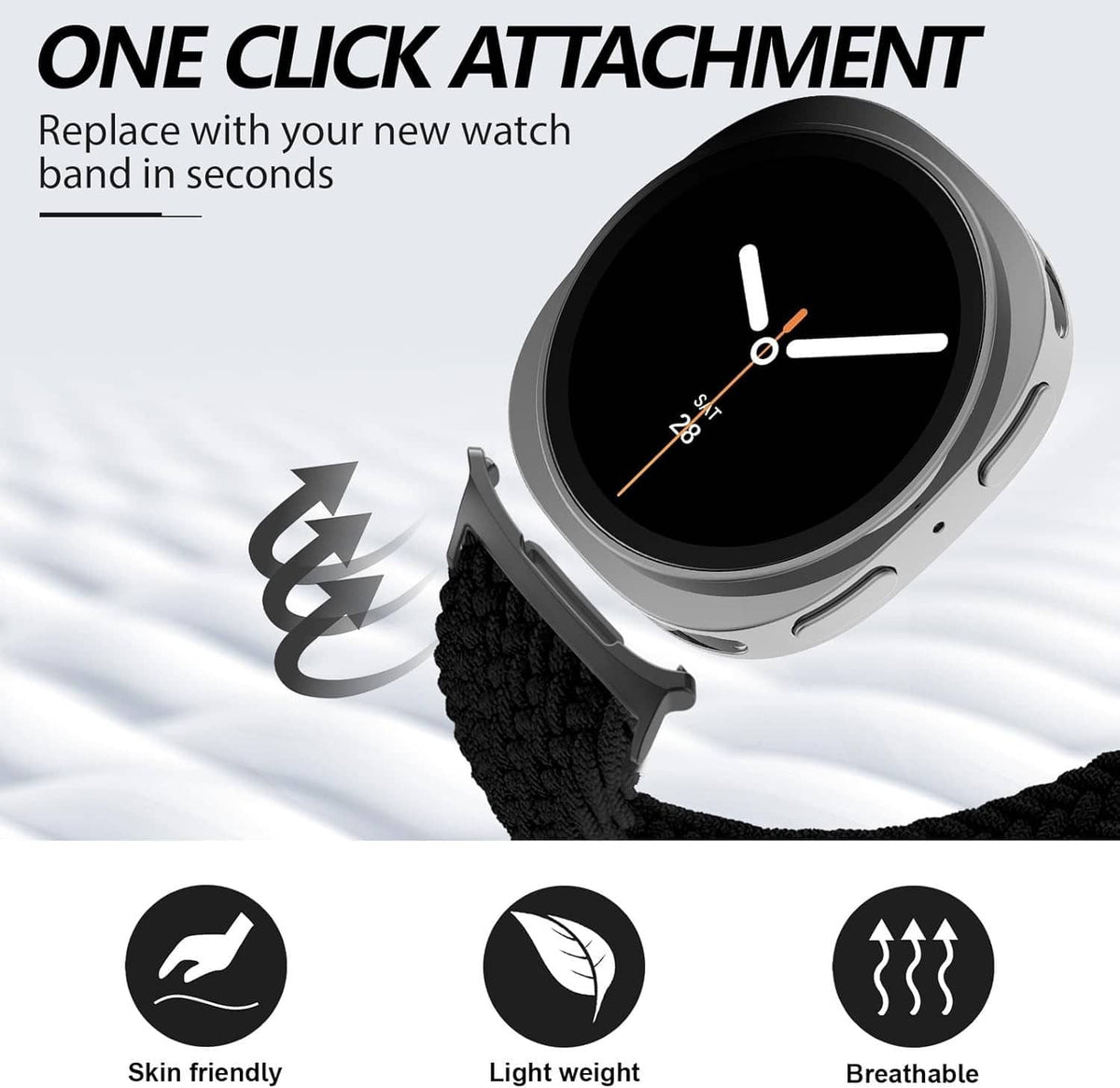 Black braided magnetic watch band with metal buckle and round Samsung watch face, on display