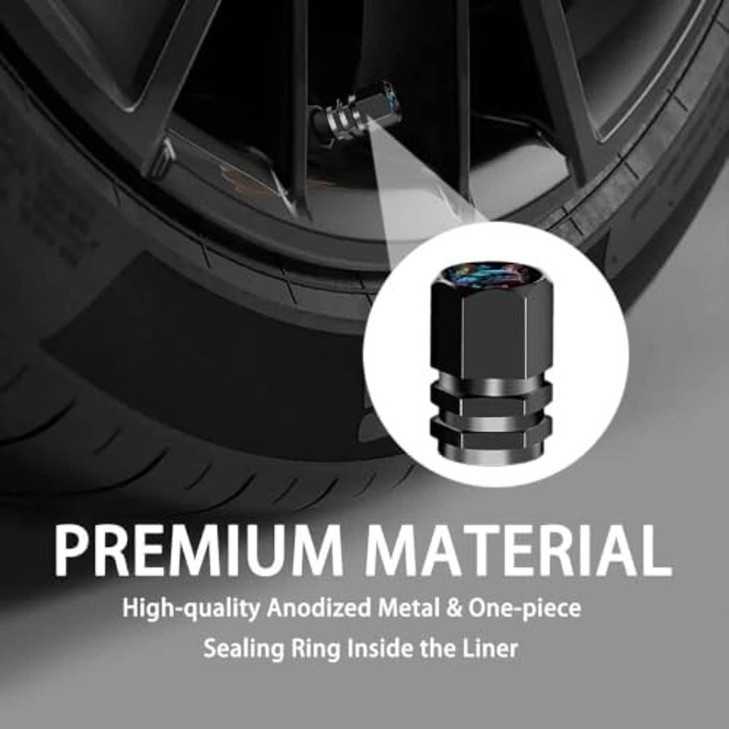Black tire valve stem cap with silver inner ring, close-up on wheel