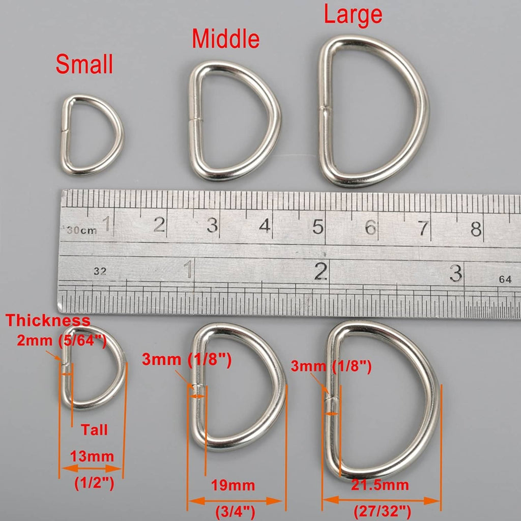Assorted nickel-plated D-rings, metal loop buckles for securing webbing