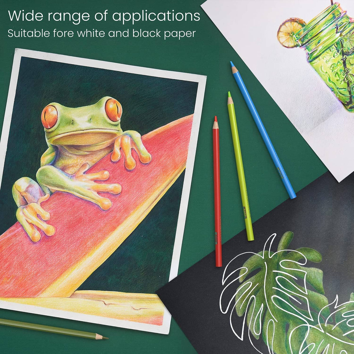 Colored pencils with a colorful frog illustration on paper