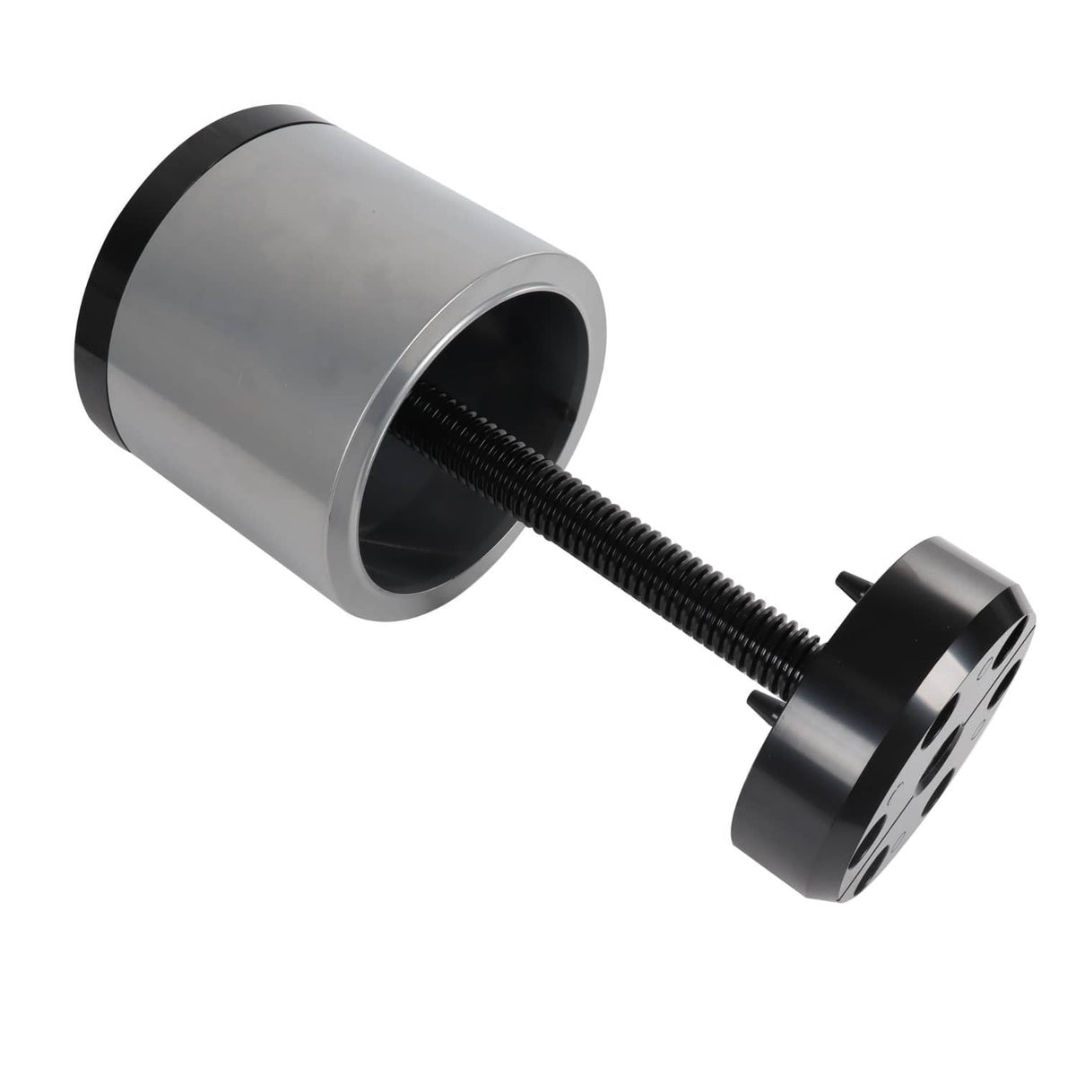 Bushing installation tool with silver sleeve, long threaded screw, and black head