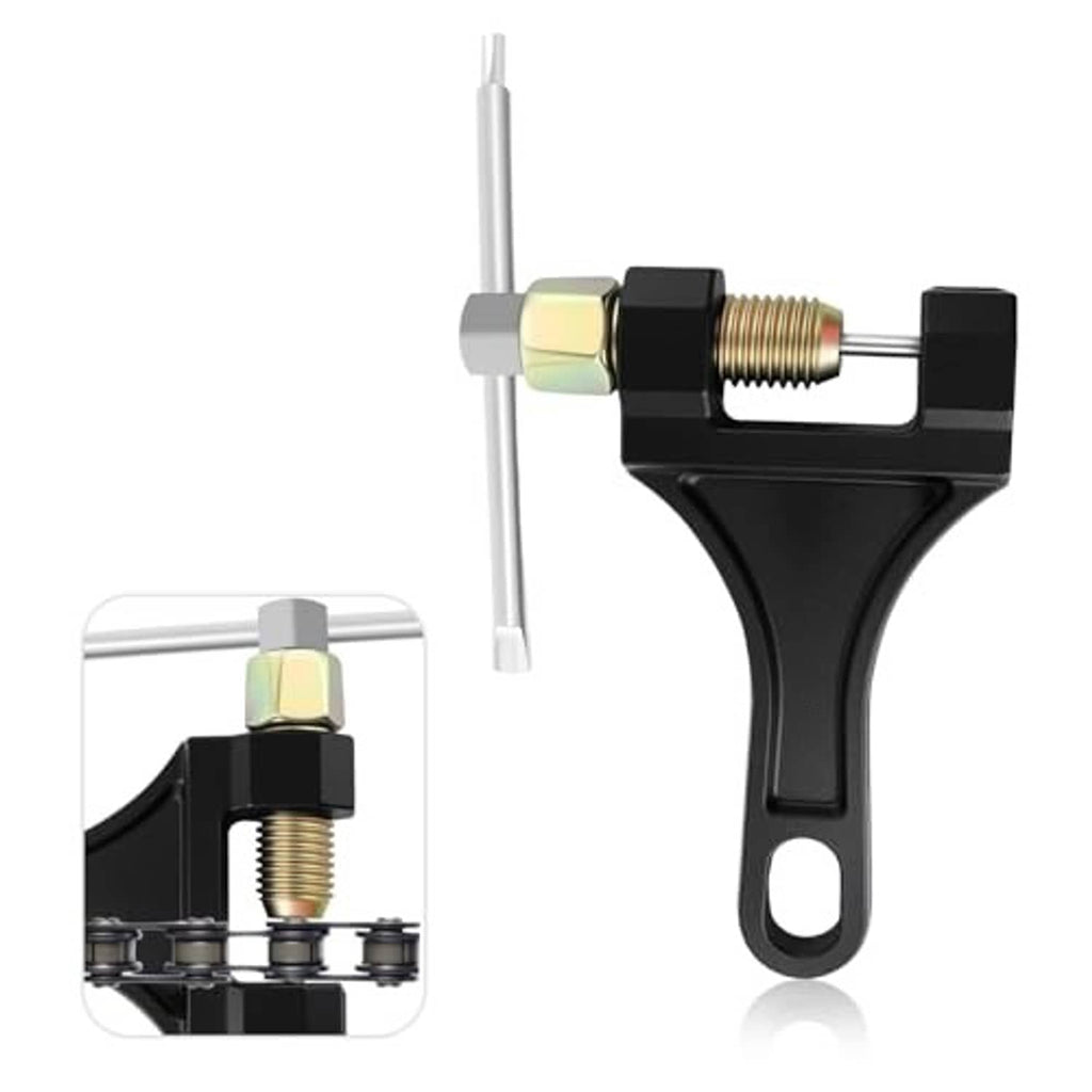 Motorcycle chain breaker tool with long T-handle, black frame and brass adjuster