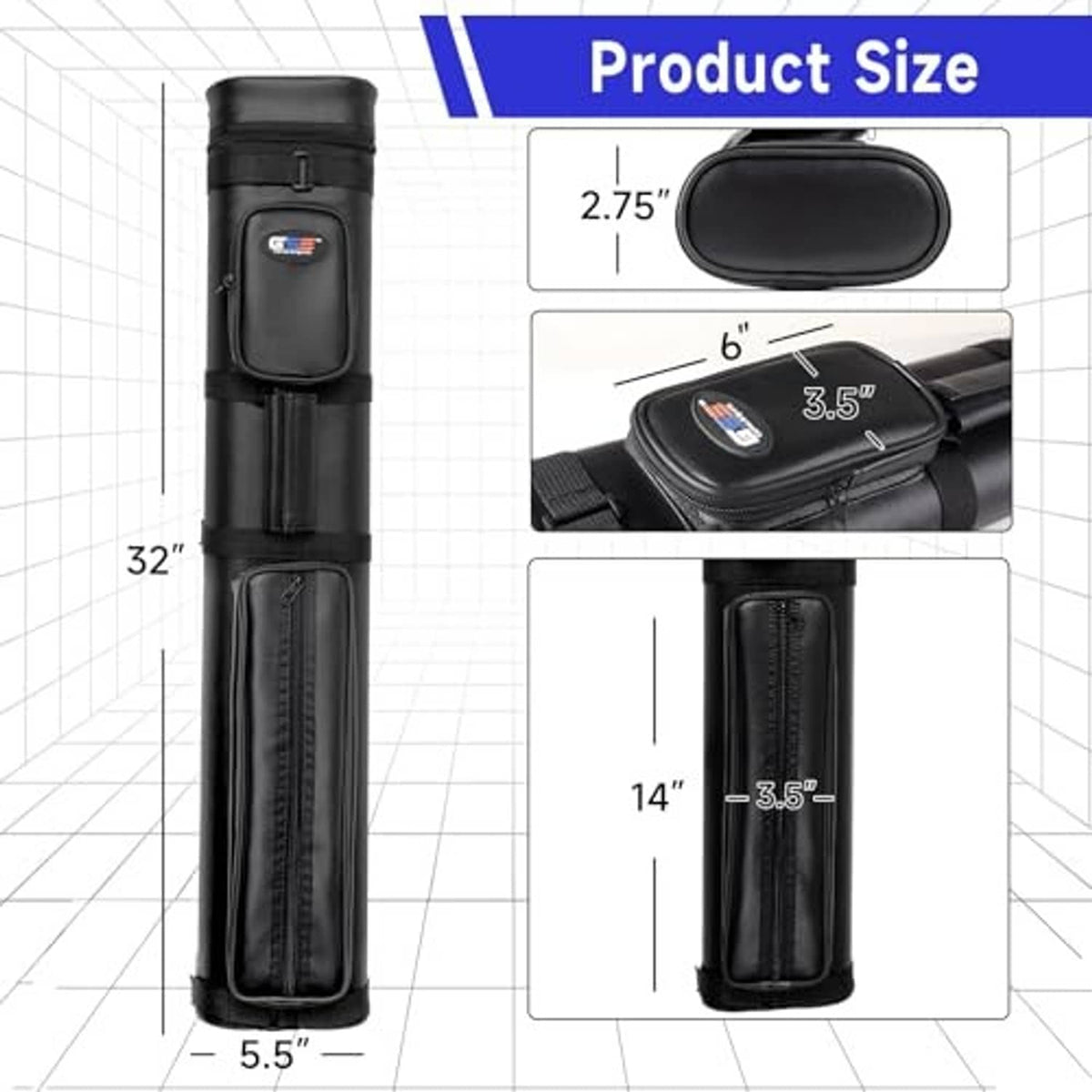 Black cue case standing upright with exterior dimensions shown on the packaging graphic