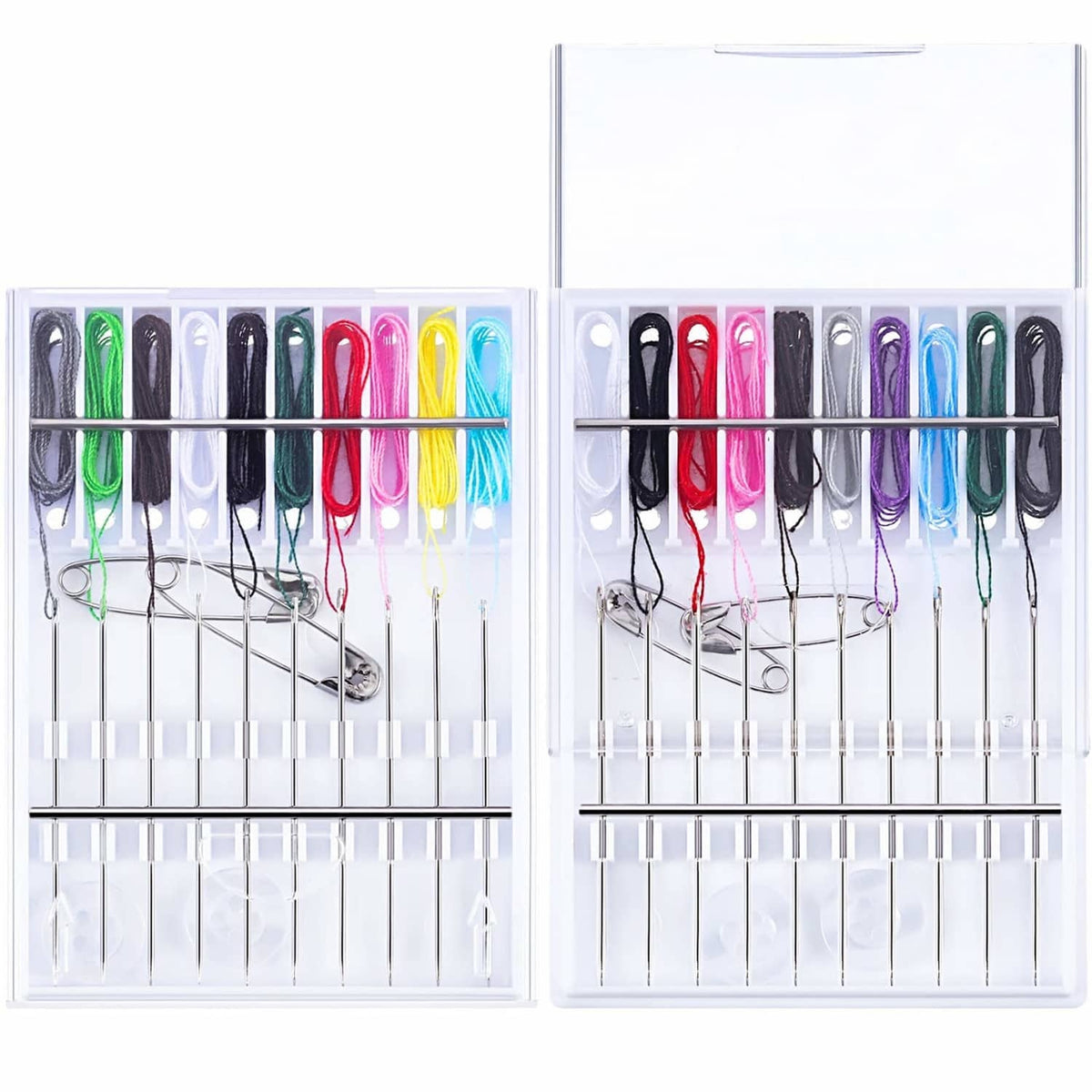 Pre-threaded hand sewing needle kit with colored threads in a clear storage case