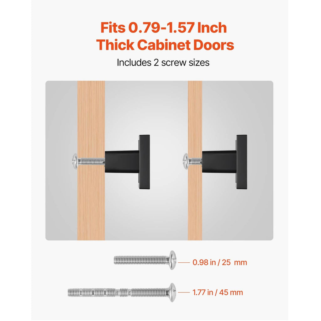 Square black cabinet knob with two included screw lengths for thick doors