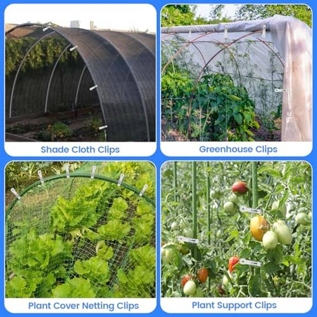 Greenhouse clips securing fabric and plant supports, multiple clamps shown