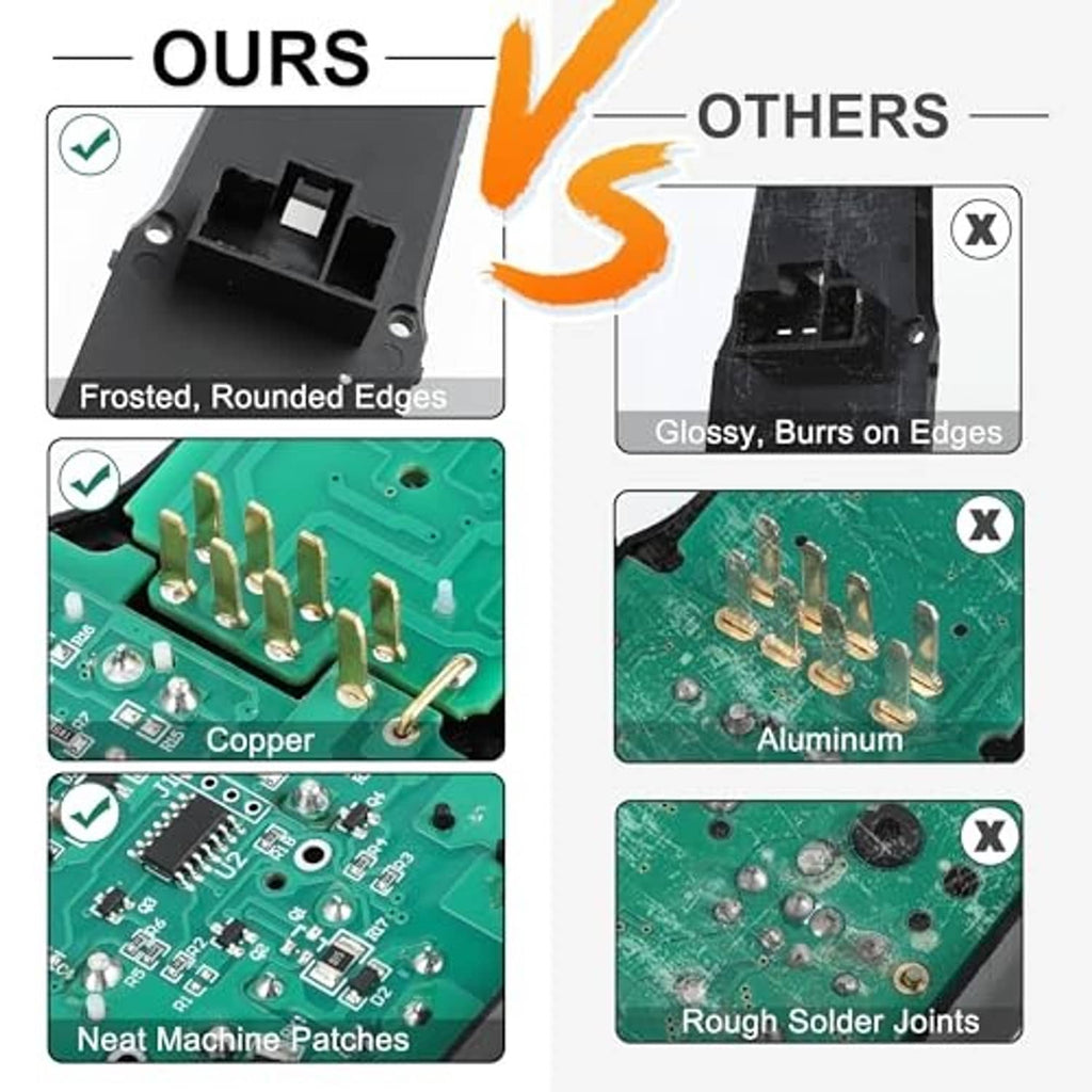 Power window switch circuit board close-up showing solder joint quality