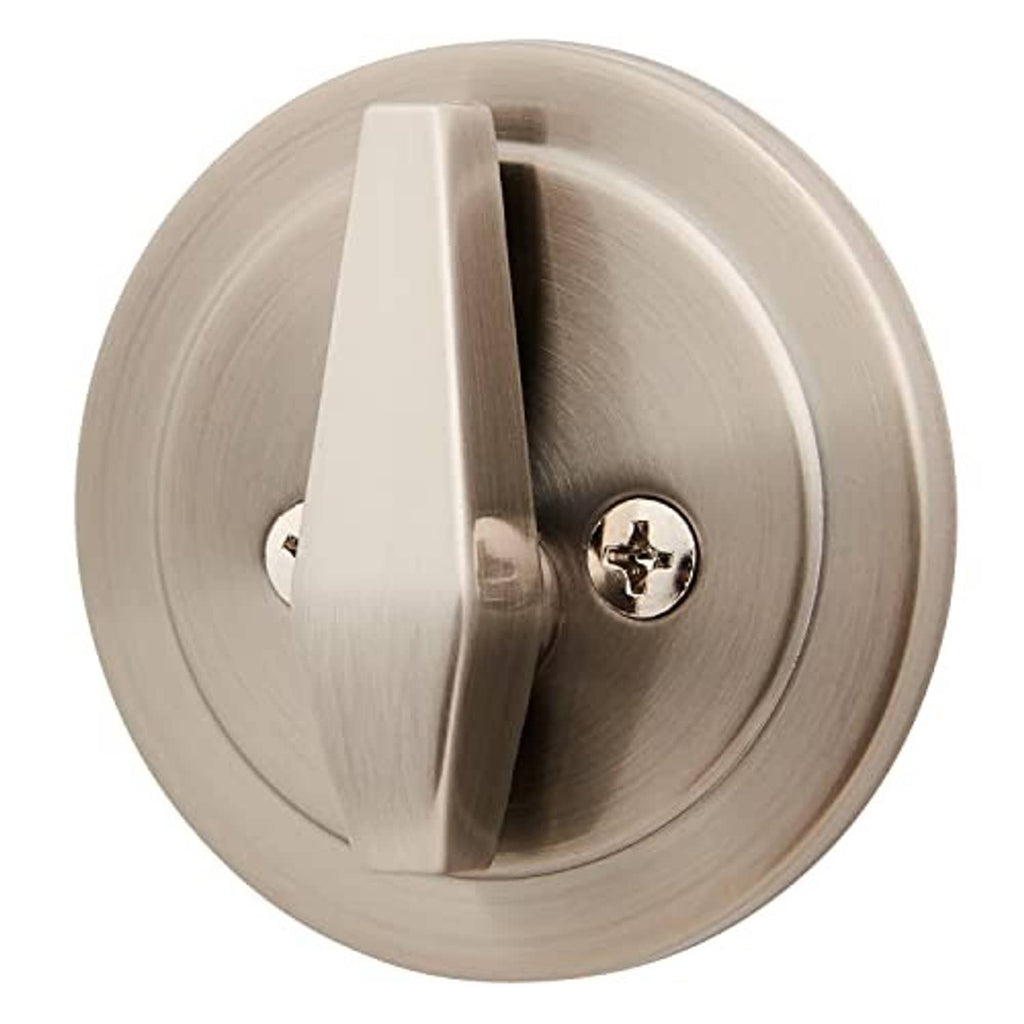 Satin nickel single-cylinder deadbolt exterior with visible mounting hardware