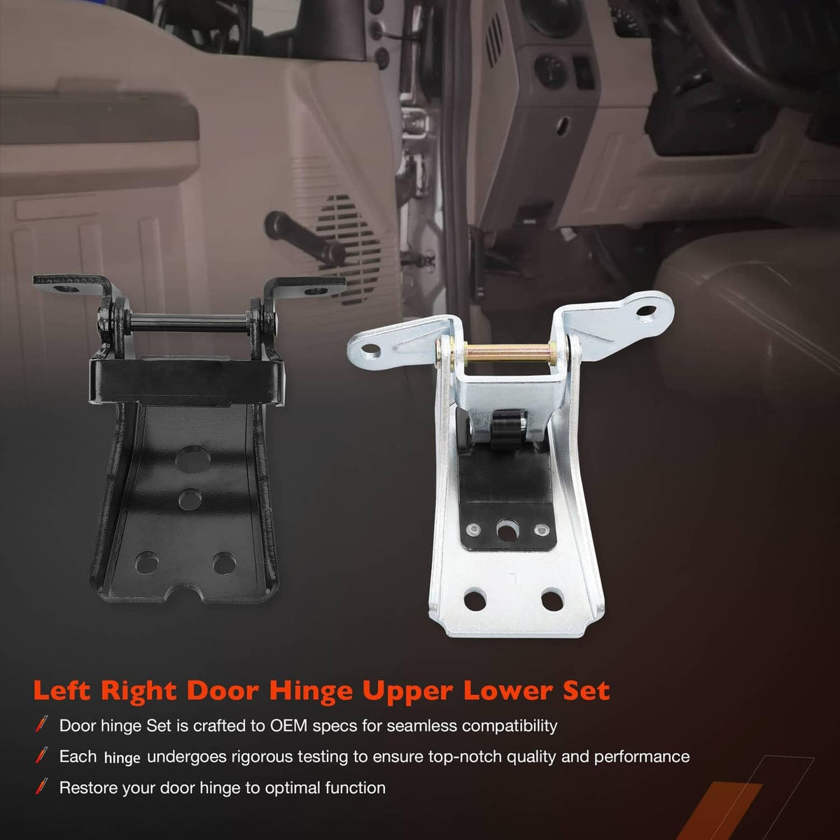 Left and right upper-lower door hinge set with black and silver mounting plates