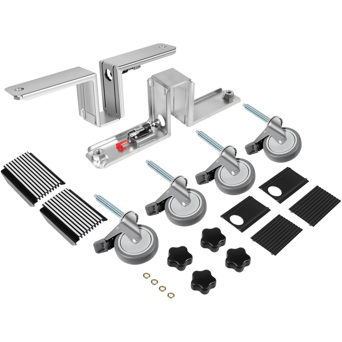 Heavy door installation hardware kit with clamp frame, casters, and spacer clip parts