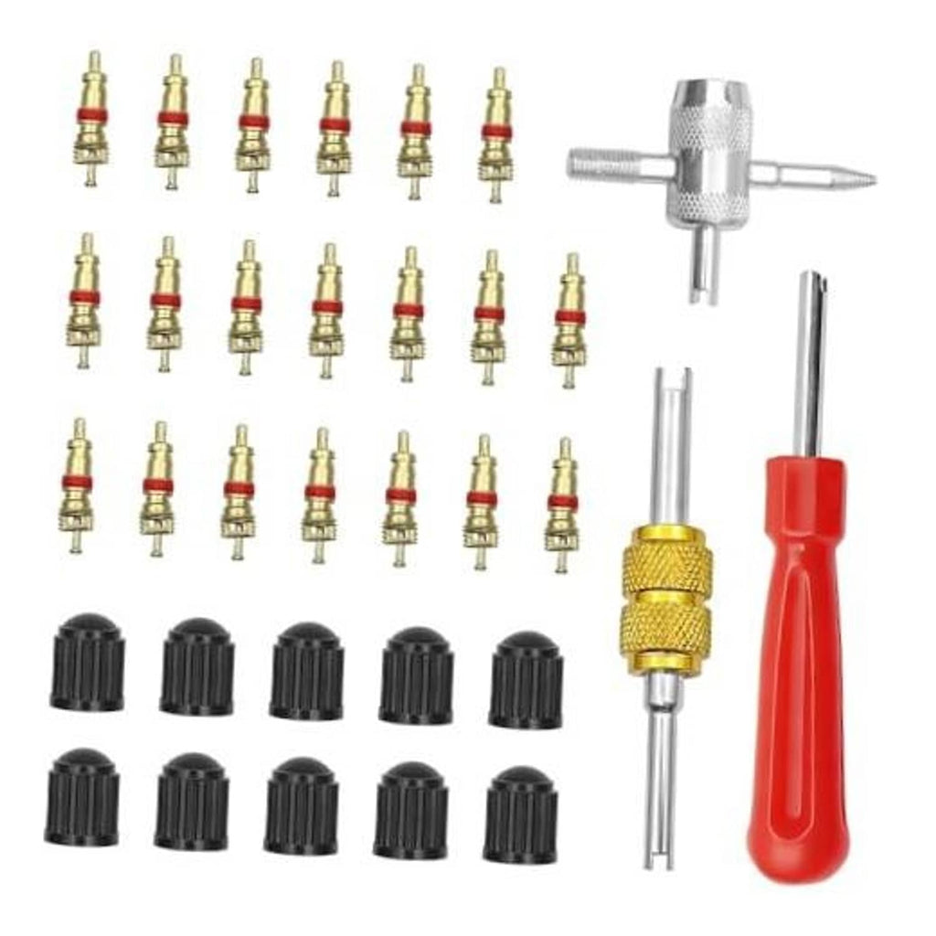 Valve core remover tool set with red handle, gold/silver shafts, and black caps