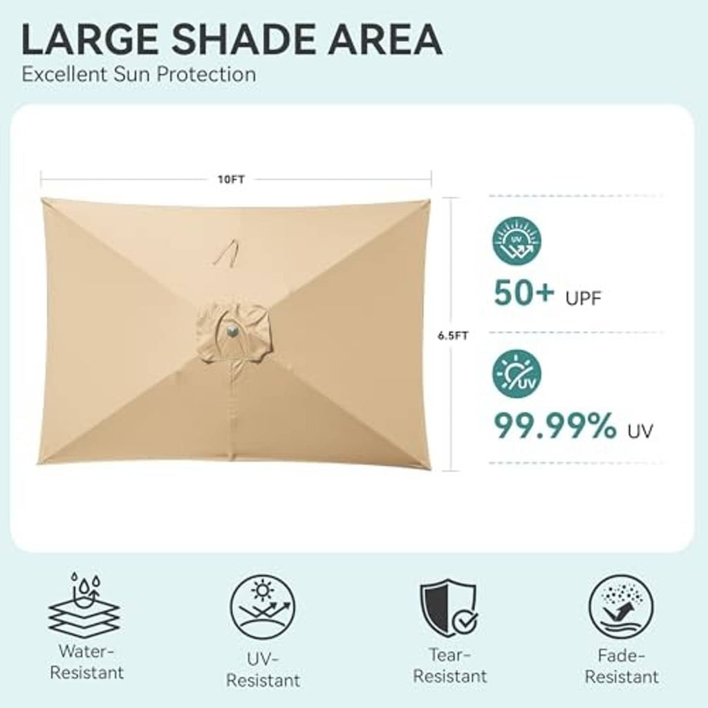 Beige rectangular patio umbrella canopy with central vent and finial
