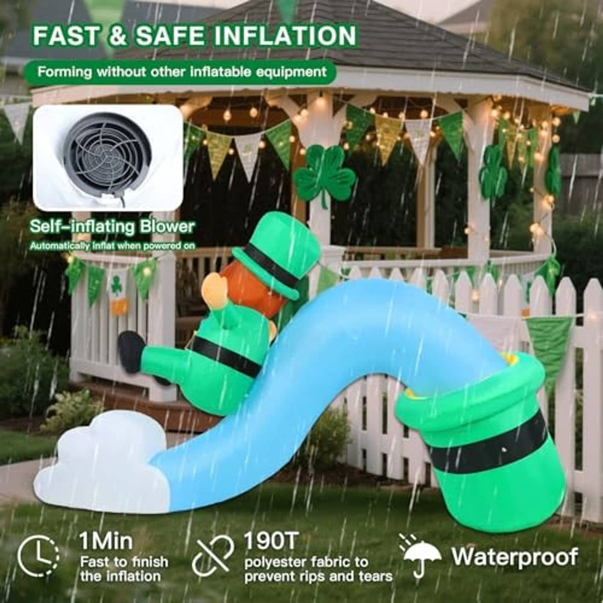 Self-inflating rainbow inflatable slide with leprechaun, green pot, and white clouds