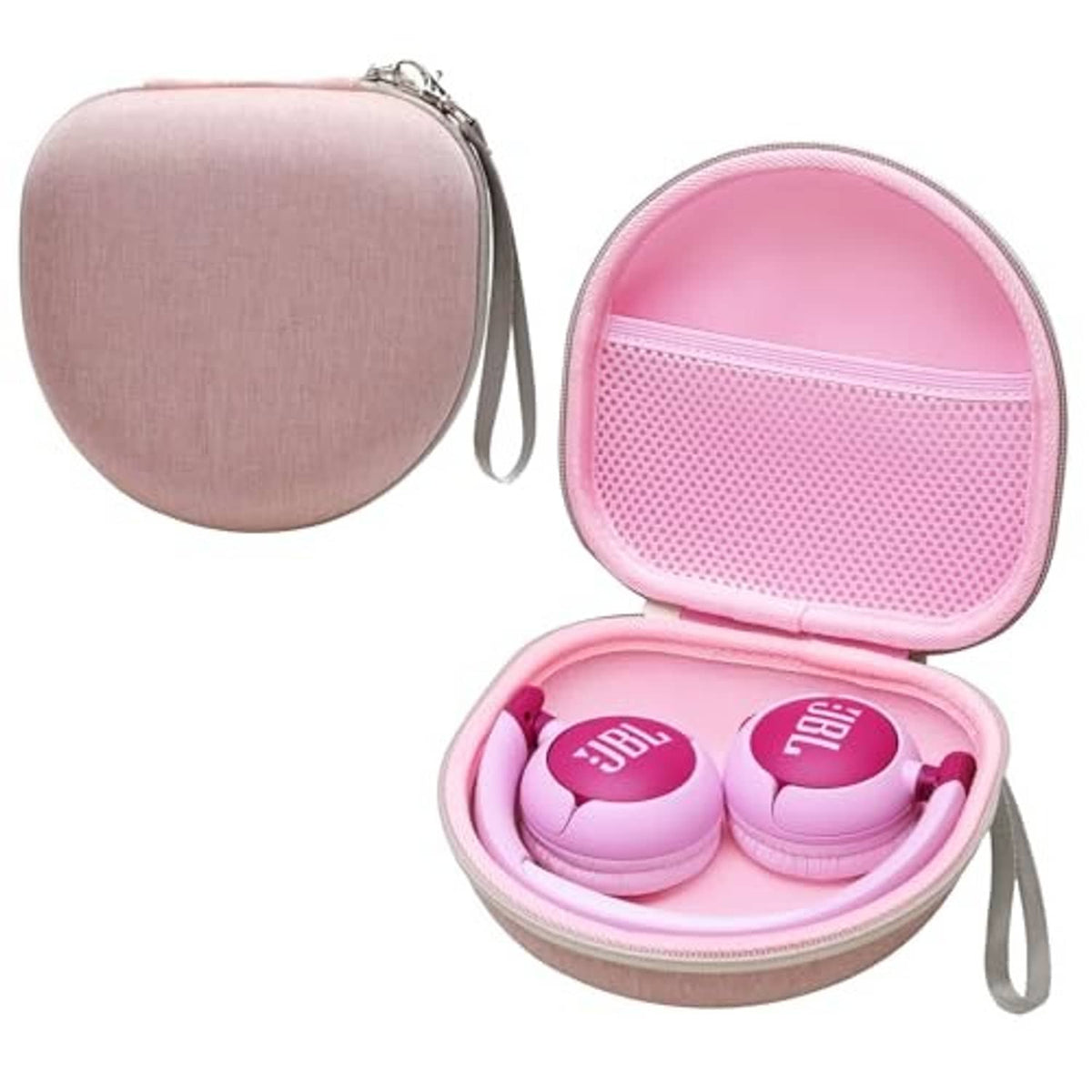 Pink round headphone case with zipper and hanging wrist strap; earbuds visible inside.