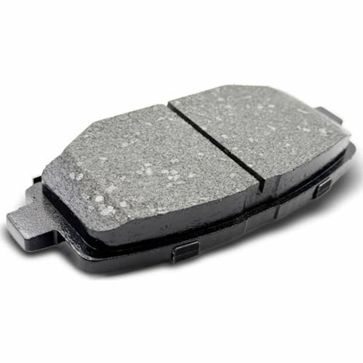 Ceramic brake pad pair close-up with gray friction surfaces and black backing plates