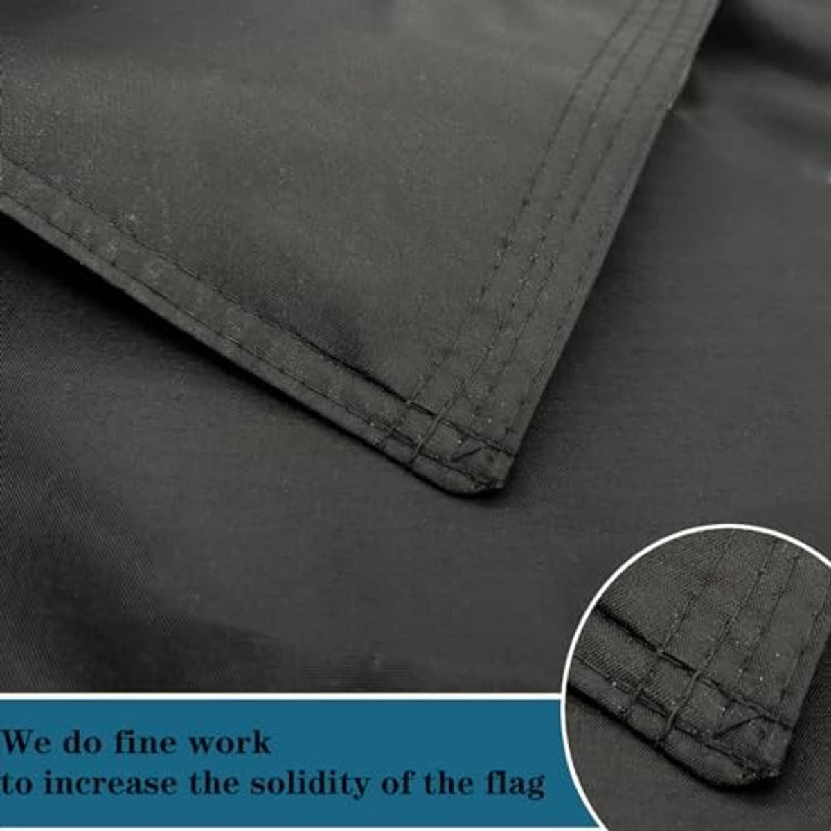 Black 3-ply flag fabric corner with reinforced stitching and folded edge