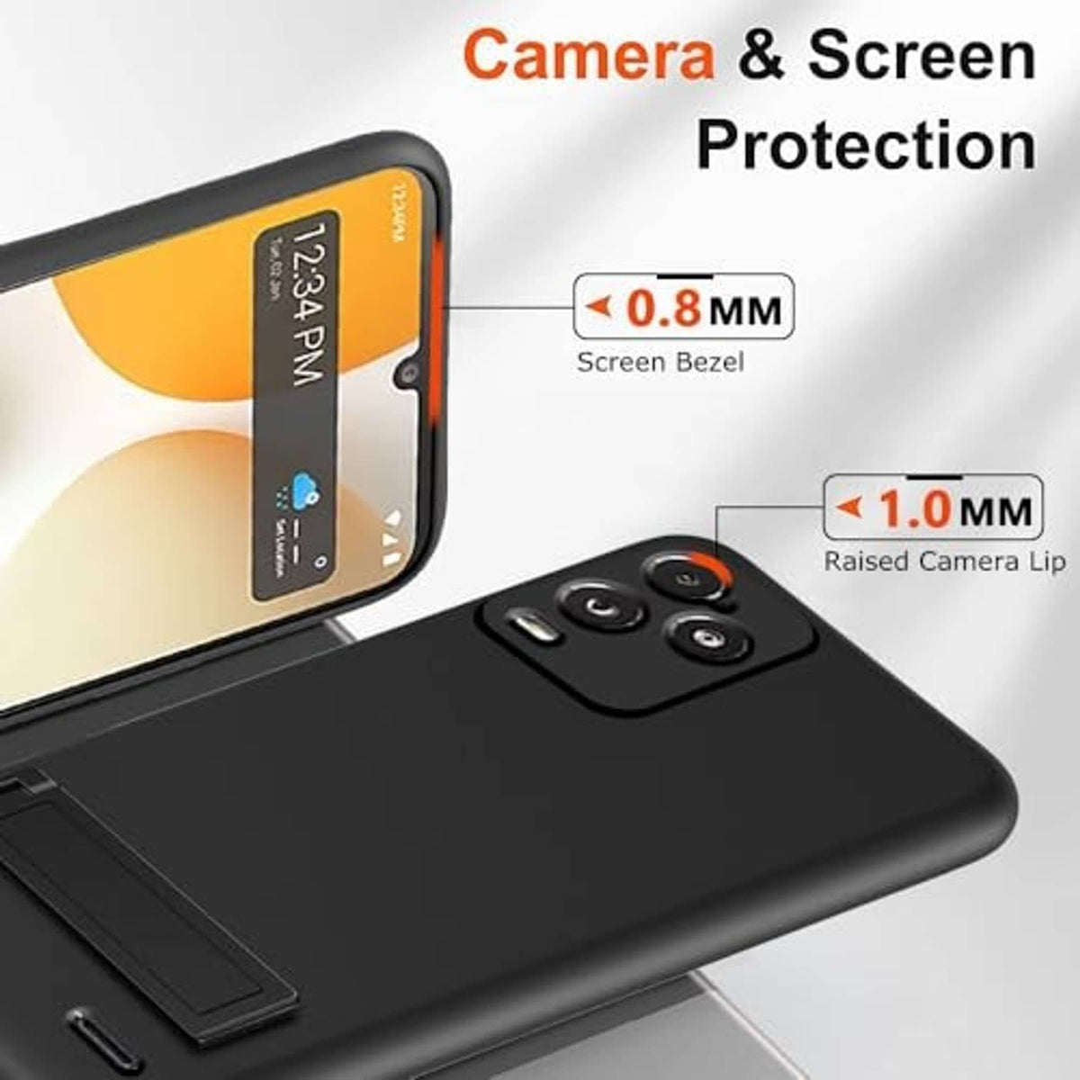 Black phone case with raised camera lip and front screen bezel, plus kickstand