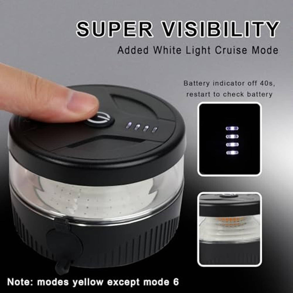 Black LED strobe warning light with clear lens and top control indicator LEDs