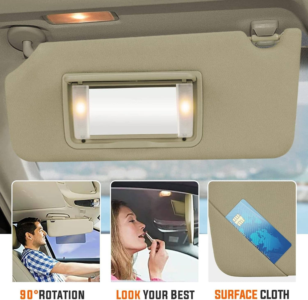 Beige tan sun visor with illuminated vanity mirror light and fabric surface