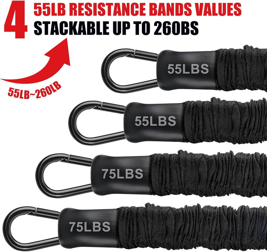 Stackable pull-up resistance bands with 55 lb and 75 lb levels, black braided bands