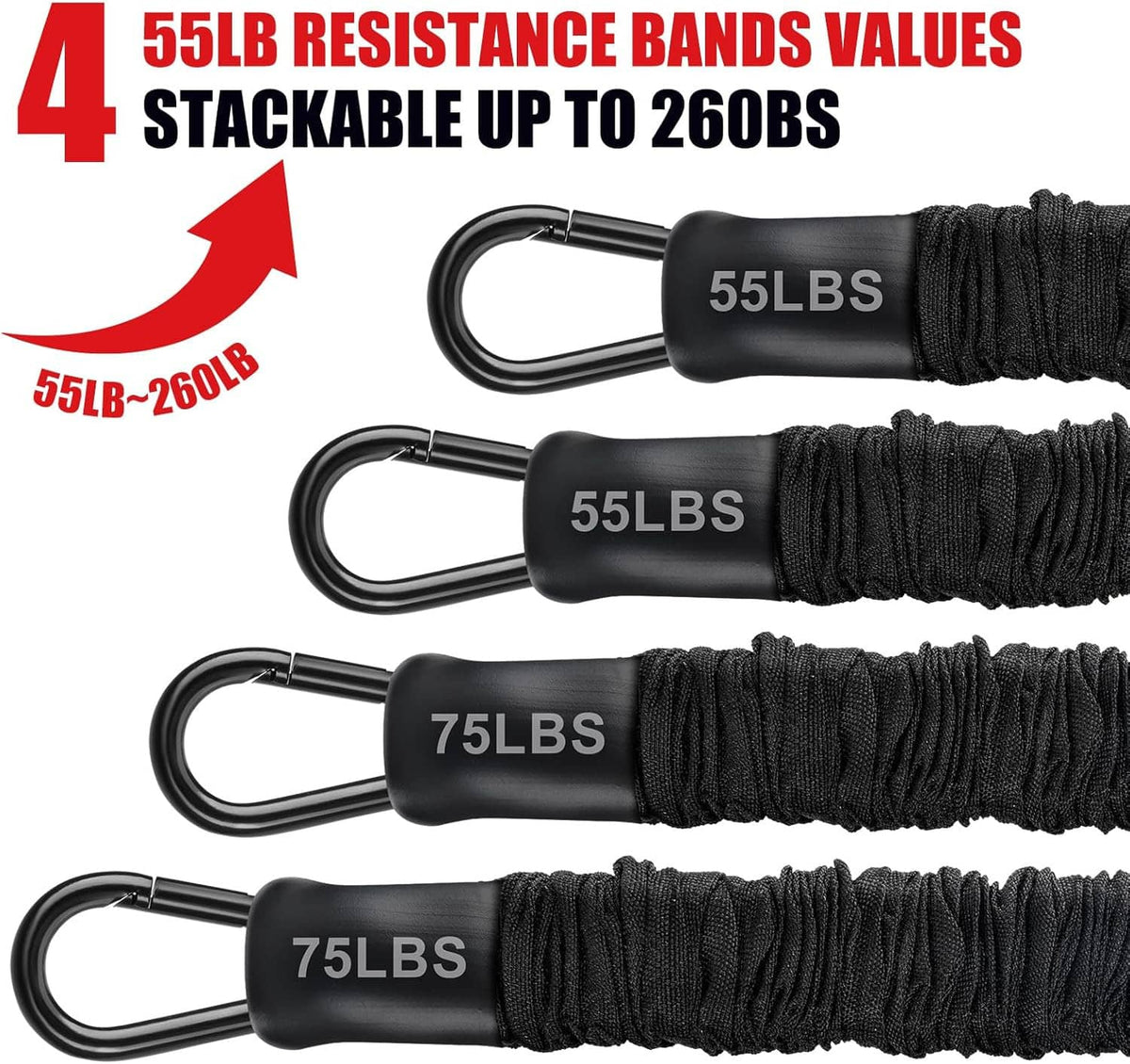 Stackable pull-up resistance bands with 55 lb and 75 lb levels, black braided bands